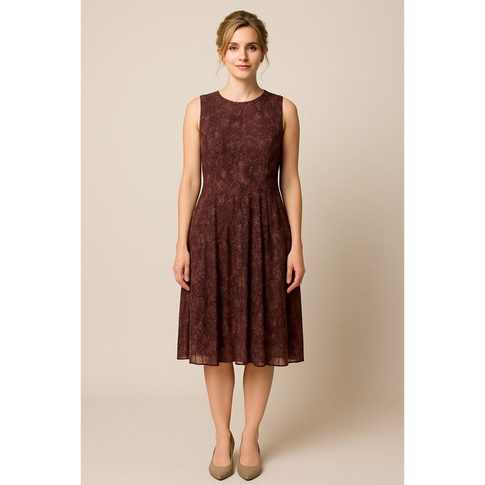 EVEREVE Hazel Pleated Burgundy Crewneck‎ Floral Dress Size S